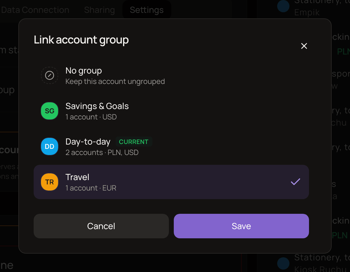 The Link account group dialog listing No group and two groups, one marked Current and another selected, with Cancel and Save buttons.