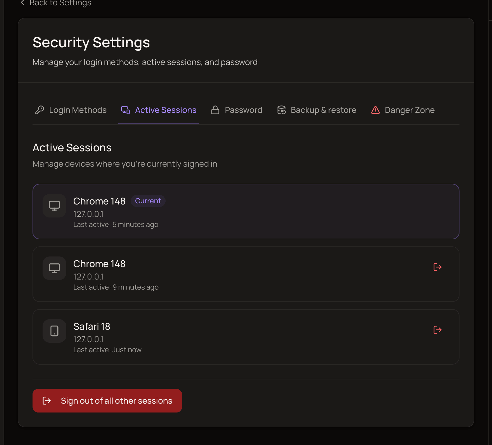 The Active Sessions tab with the current session marked Current, another device below it, and the Sign out of all other sessions button.