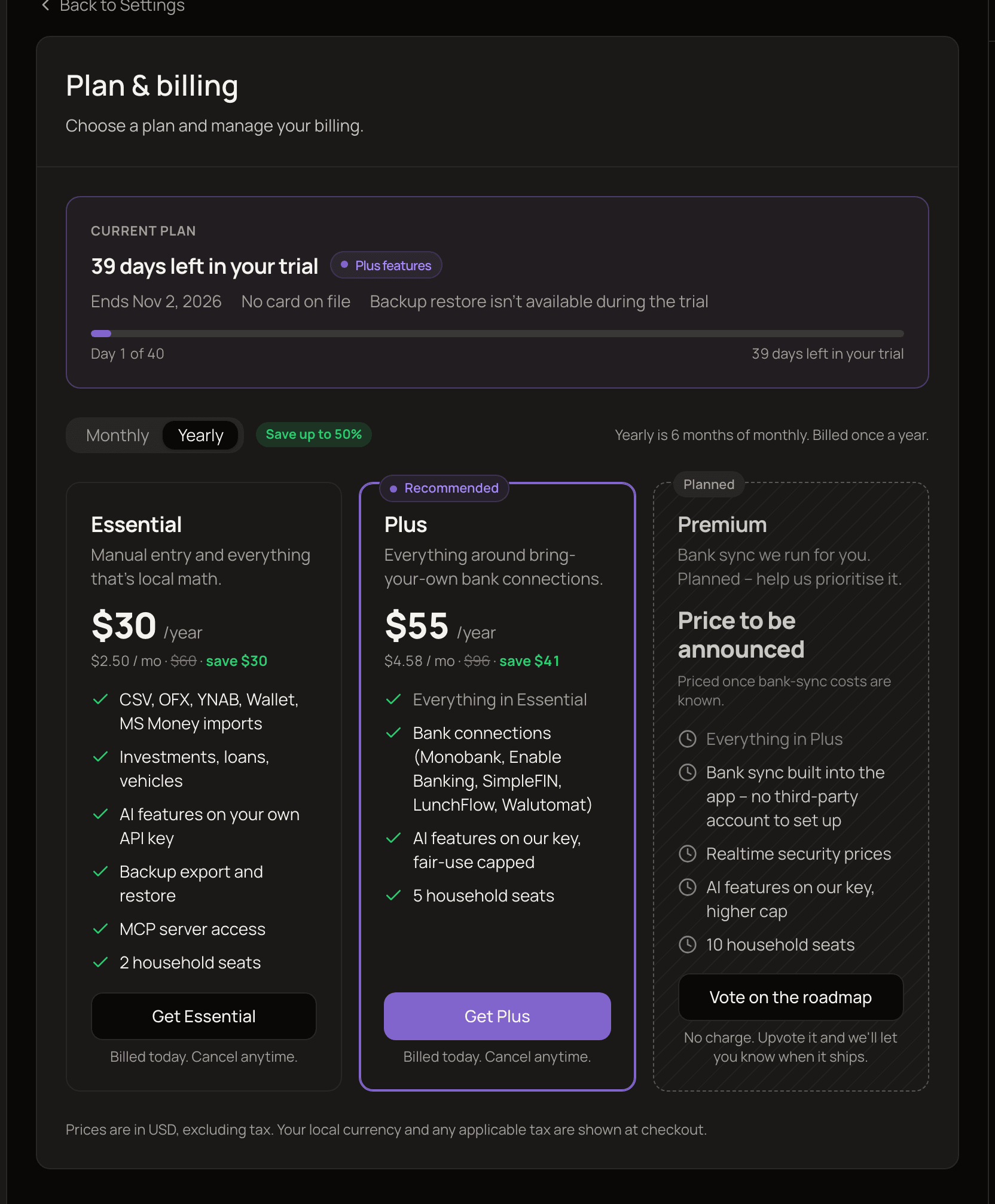 The Plan & billing page during a trial, showing days left, the Monthly and Yearly toggle, and the Essential, Plus and Premium plan cards.