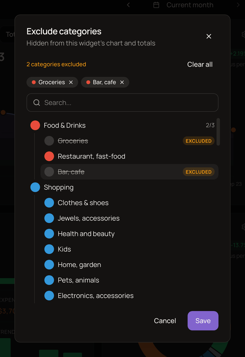 The Exclude categories dialog with two categories marked as Excluded.