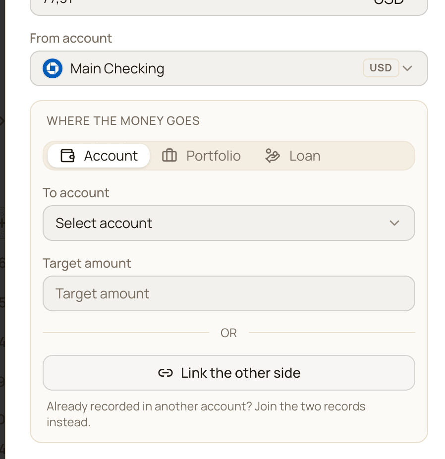The Where the money goes panel of a regular expense switched to the Transfer tab, showing the or divider, the Link the other side button and the hint below it.