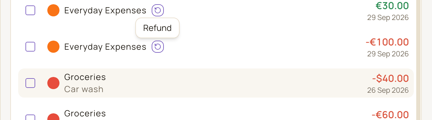 Two rows in the transaction list (list view), a 100 EUR purchase and its 30 EUR refund, each with the circular-arrow refund icon, and the Refund tooltip showing on one of them.