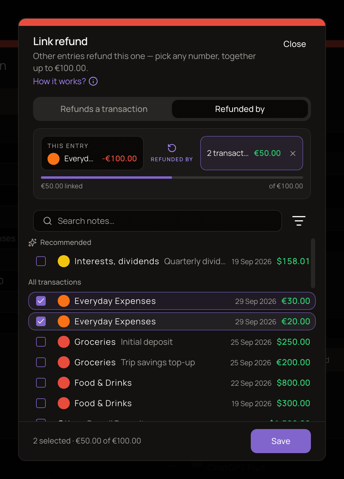 The Link refund dialog on the Refunded by tab, with two incomes of 20 and 30 selected and the footer reading 2 selected, €50.00 of €100.00, next to the Save button.